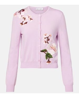 Oscar de la Renta Floral-Applique Virgin Wool Cardigan - Pink