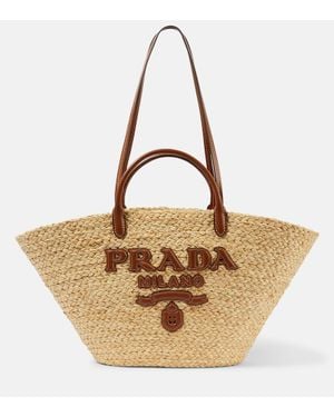 Prada Tote Aus Raffiabast Mit Leder - Mettallic