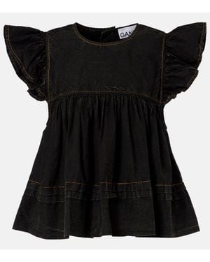 Ganni Top Denim Con Peplum Fruncido - Negro