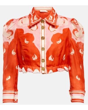 Zimmermann Cropped Printed Linen And Silk-blend Shirt - Brown