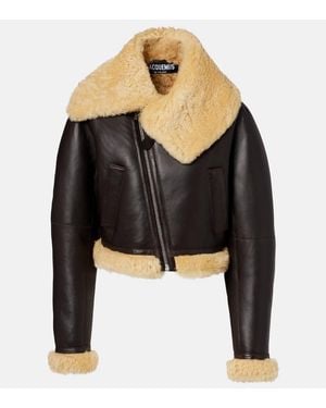 Jacquemus Cropped-Lederjacke Aviatore Mit Shearling - Schwarz