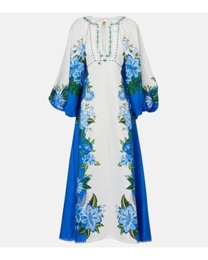 FARM Rio Printed Puff-Sleeve Linen Maxi Dress - Blue