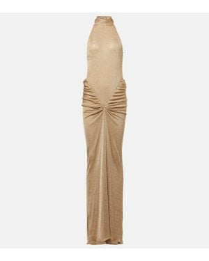The New Arrivals Ilkyaz Ozel Cass Ruched Halterneck Lame Gown - Natural