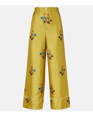 Marni Floral Silk Satin Wide-Leg Trousers - Yellow