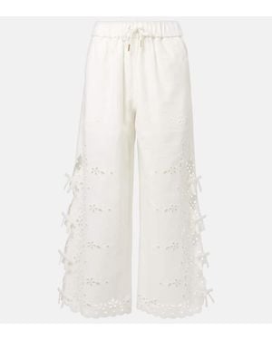Self-Portrait Embroidered Linen And Cotton Wide-Leg Pants - White