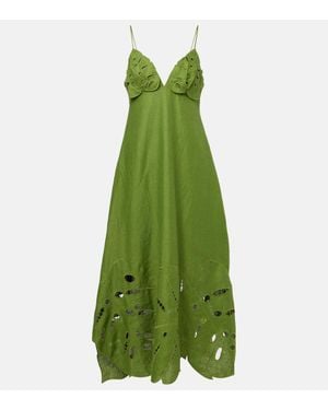 FARM Rio Embroidered Linen Midi Dress - Green