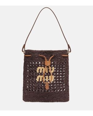 Miu Miu Mini Logo Raffia-Effect Bucket Bag - White