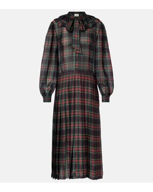 Saint Laurent Checked Pleated Silk Charmeuse Midi Dress - Black