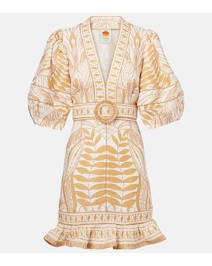FARM Rio Printed Belted Linen Minidress - Natural