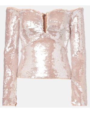 Self-Portrait Sequined Off-Shoulder Top - Pink