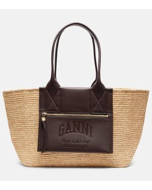 Ganni Cabas En Raphia Et Cuir Synthetique - Marron