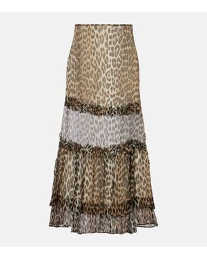 Ganni Leopard-Print Ruffled Chiffon Maxi Skirt - Natural