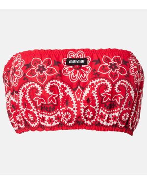 Miu Miu Printed Cotton And Linen Poplin Bandeau Top - Red