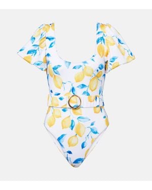 Alexandra Miro Jeanie Belted Printed Swimsuit - Blue