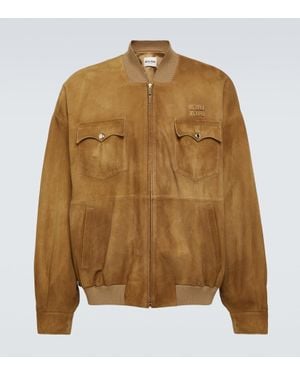 Miu Miu Logo Suede Bomber Jacket - Brown