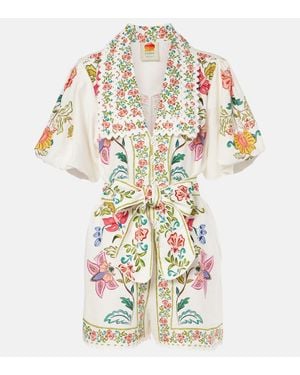 FARM Rio Floral Insects Linen-Blend Romper - White