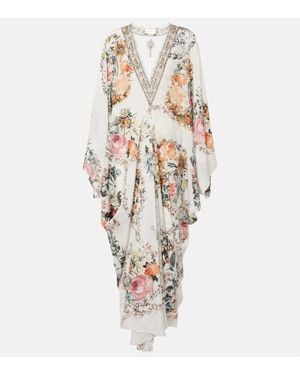 CAMILLA Caftan De Crepe De Seda Floral Adornada - Blanco