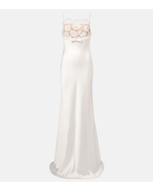 Self-Portrait Lace-Trimmed Satin Maxi Dress - White