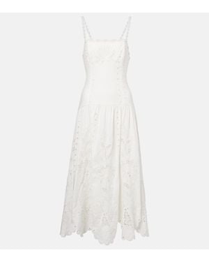 FARM Rio Broderie Anglaise Linen-Blend Midi Dress - White