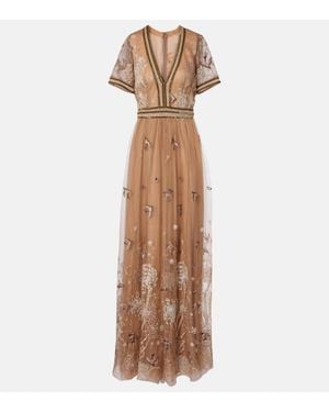 Costarellos Robe Longue Brodee En Tulle - Neutre