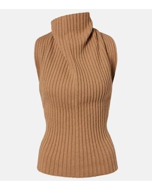Victoria Beckham Draped Ribbed-Knit Wool-Blend Top - Brown