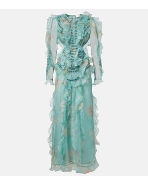 Zimmermann Illuminate Floral Ruffled Silk Organza Gown - Blue
