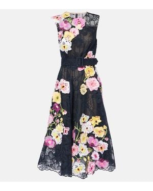 Oscar de la Renta Orchid Embroidered Lace Cocktail Dress - Blue