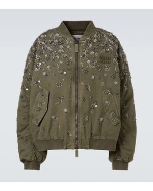 Miu Miu Sequined Cotton Gabardine Bomber Jacket - Green
