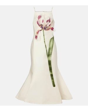 LEO LIN Robe Midi Regina En Laine Et Soie A Fleurs - Blanc
