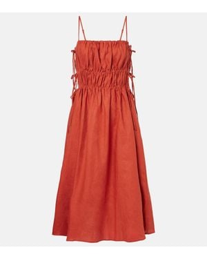 Asceno Eze Ruched Linen Midi Dress - Red