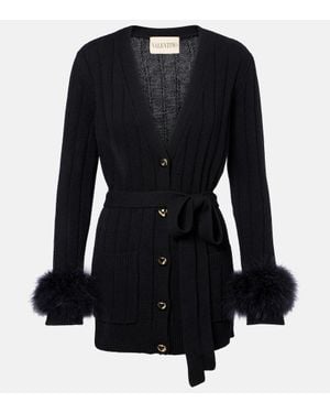 Valentino Cardigan De Lana Virgen Con Plumas - Negro