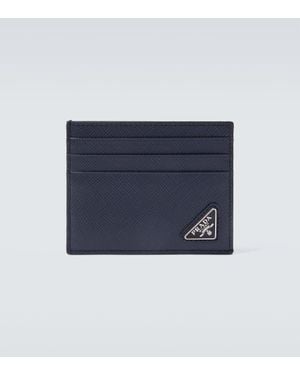 Prada Logo Saffiano Leather Card Holder - Blue