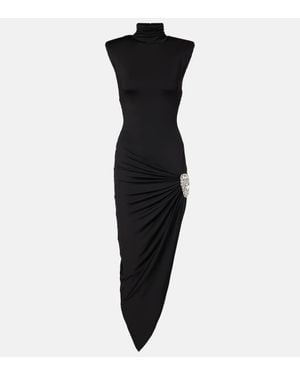 Area Asymmetric Embellished Jersey Midi Dress - Black