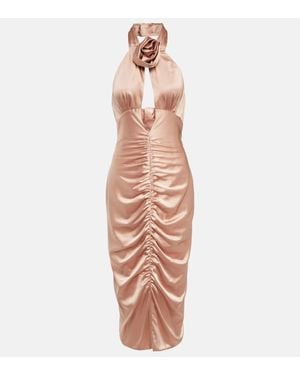 Alessandra Rich Ruched Cutout Satin Midi Dress - Pink