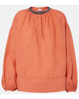 Brunello Cucinelli Monili Linen And Cotton Top - Orange