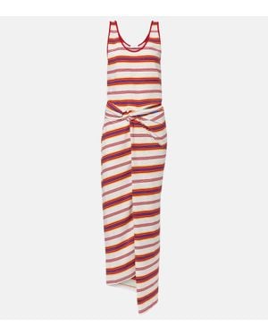 Rabanne Robe Longue Rayee En Coton Melange - Rouge
