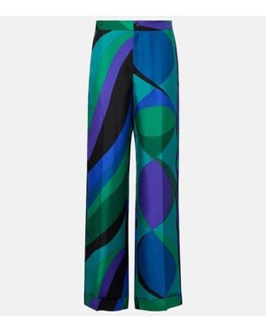 Emilio Pucci Printed Silk Wide-Leg Trousers - Blue