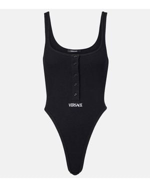 Versace Ribbed-Knit Logo Cotton-Blend Bodysuit - Black