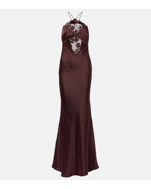 Self-Portrait Lace-Trimmed Halterneck Satin Gown - Purple