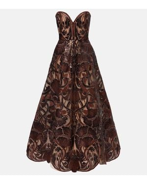 Elie Saab Floral Sequined Strapless Gown - Brown