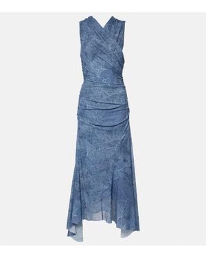 Ganni Printed Ruched Mesh Maxi Dress - Blue