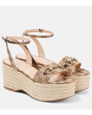 Gucci Espadrillas Lady Horsebit Gg Canvas Con Zeppa - Metallizzato