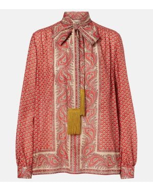 Valentino Printed Tie-Neck Cotton Blouse - Red