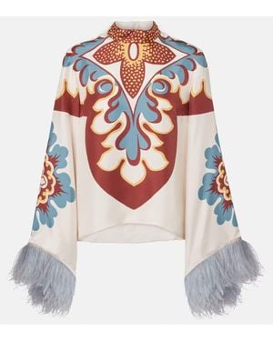 La DoubleJ Make An Exit Feather-Trimmed Silk Top - White
