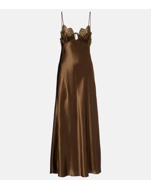 Saint Laurent Slipdress Aus Seidensatin Mit Spitze - Braun
