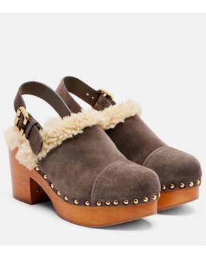 Chloé Jeannette Shearling-Trimmed Suede Wedge Clogs - Brown