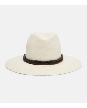 Brunello Cucinelli Monili Leather-Trimmed Straw Fedora - White