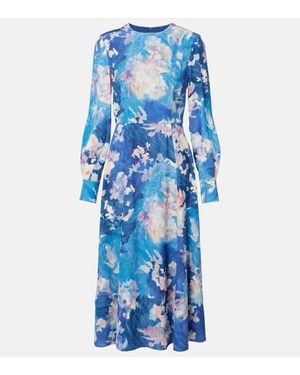 Erdem Robe De Cocktail En Satin A Fleurs - Bleu