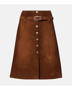 Prada Belted Suede Midi Skirt - Brown