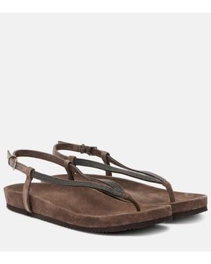 Brunello Cucinelli Monili Suede Thong Sandals - Brown